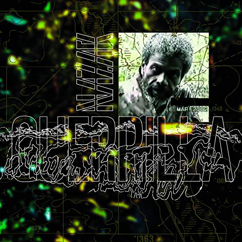 "Album cover with a man's portrait and 'Guerrilla' text on a dark, map-like background."