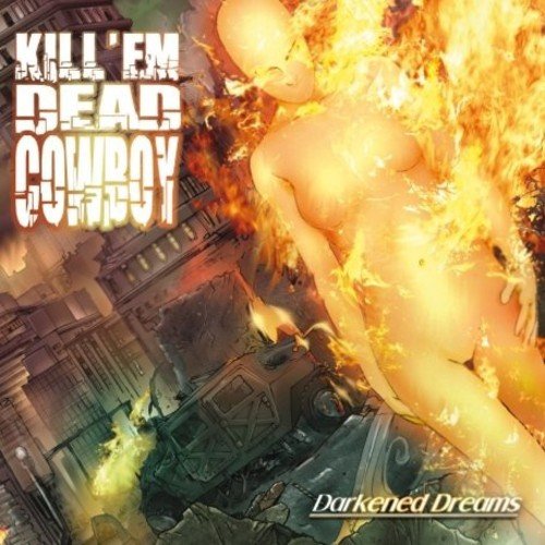 "Album cover art: nude woman engulfed in flames amidst a burning, ruined cityscape."