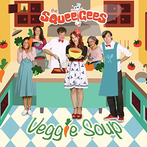 "Album cover featuring cartoon band members in a kitchen, surrounded by vegetables."
