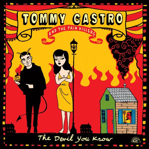 "Album cover featuring a devil and woman with a burning house in the background."