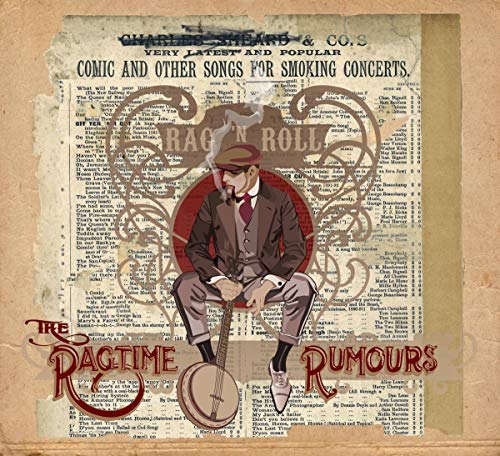 "Album cover with a man sitting and playing a banjo, vintage newspaper background."