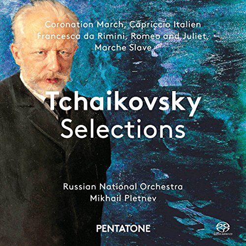 "Tchaikovsky Selections" CD cover featuring Tchaikovsky's portrait on a blue abstract background.