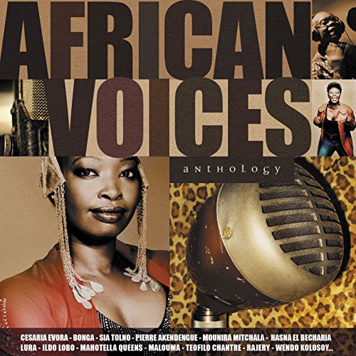 "CD cover with 'African Voices Anthology' title, featuring a woman and microphone."