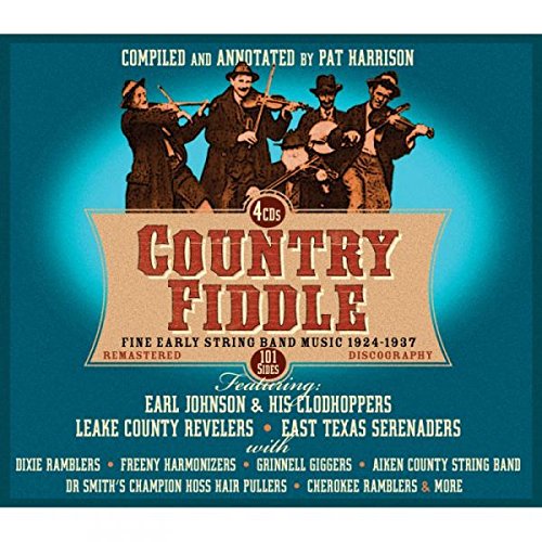 "CD cover with 'Country Fiddle' title, five men playing violins, on blue background."