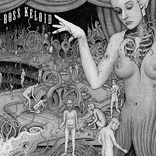 "Black and white vinyl album cover featuring a surreal, detailed illustration of a woman and figures."