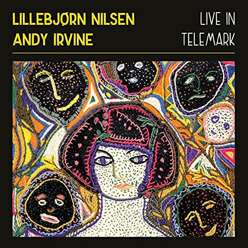 "Album cover with abstract, colorful illustration of faces on a black background."