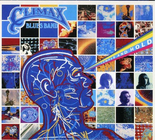 "Climax Blues Band album cover: collage with blue profile and 'Sample and Hold' text."