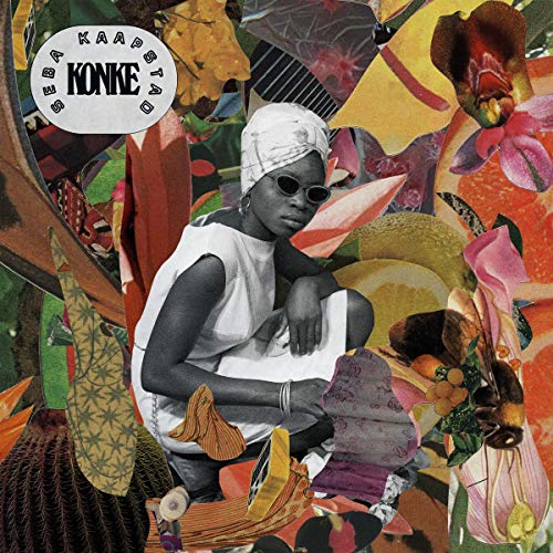 "Album cover with a woman surrounded by colorful flowers and abstract shapes."
