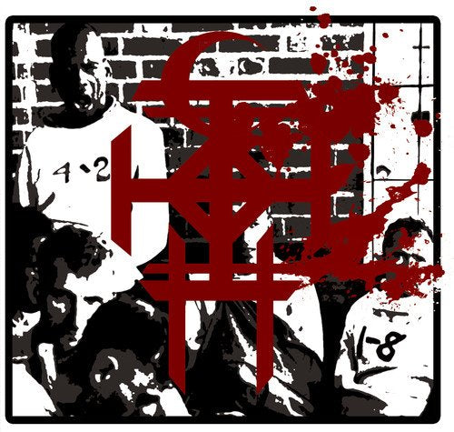 "Album cover with black and white prison image and large red text overlay."