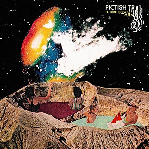 "Album cover with colorful, abstract design featuring rocky landscape and rainbow-colored cloud."