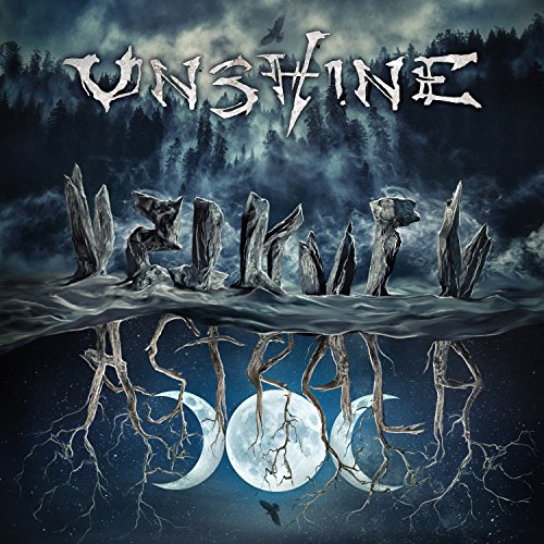 "Album cover art with 'Unshine' and 'Astrala' text, dark forest, and moonlit water scene."