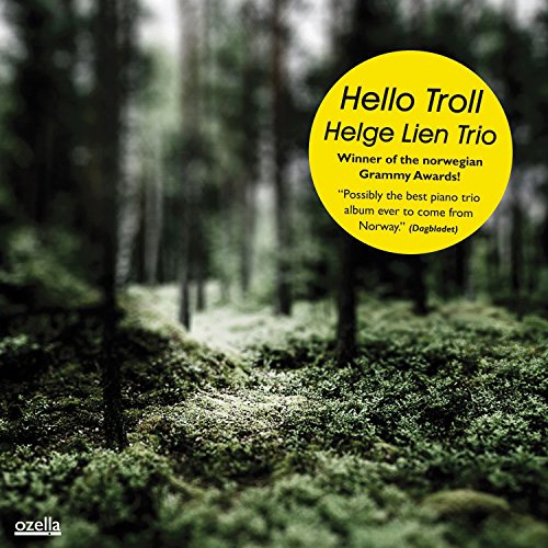 Album cover with forest scene and yellow circle containing "Hello Troll Helge Lien Trio" text.