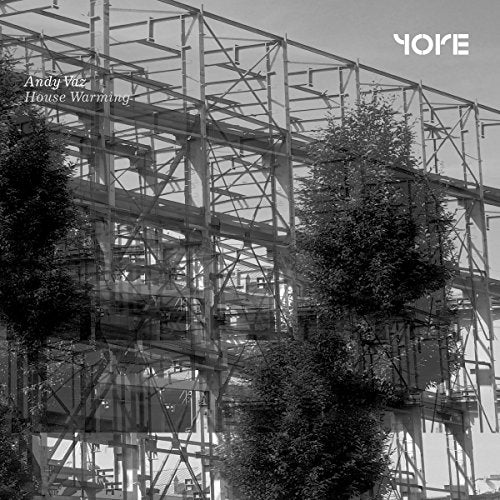 "Black and white image of scaffolding with trees, album cover for 'House Warming'."