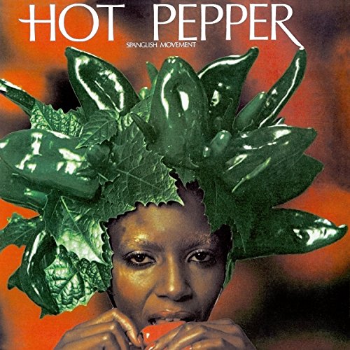 Album cover with a person wearing a crown of green peppers, orange background.