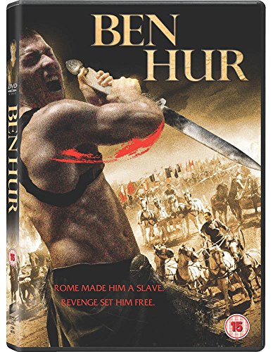 "Ben Hur DVD cover featuring a muscular man with a sword, chariot battle scene."