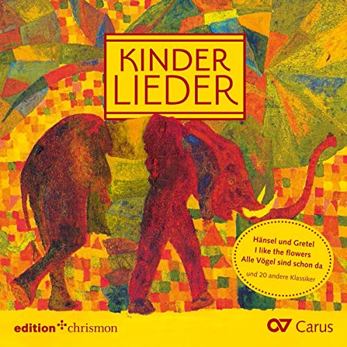"Album cover with mosaic elephants, 'Kinder Lieder' title, and yellow background."