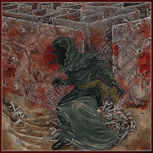 "Dark illustration of a hooded figure amidst a graveyard with skulls and bones."