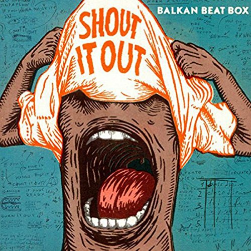 "Album cover with a man shouting, holding a cloth with 'Shout It Out' text."