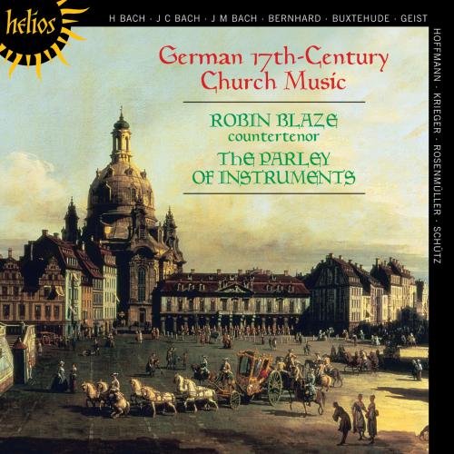 "CD cover featuring a 17th-century church scene with horse-drawn carriages and people."