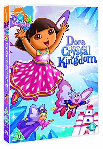 "DVD case featuring Dora and friends in a fantastical setting, with blue and purple hues."