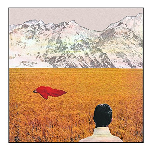 Album cover with a person in a field looking at a red figure, mountains in background.