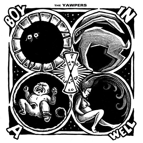 Black and white vinyl album cover with surreal, illustrated scenes and bold text.