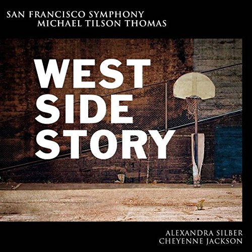 "CD cover for 'West Side Story' with basketball hoop against a brick wall."