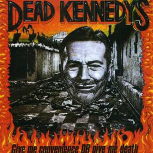 "Dead Kennedys album cover with a man's face sewn shut, surrounded by flames."
