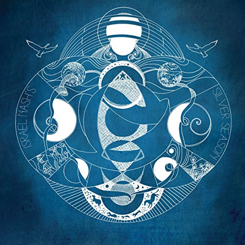 A blue album cover with white abstract designs and text "Israel Nash's Silver Season".