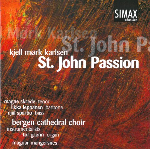 "Album cover with red and orange abstract background, white text listing artists and 'St. John Passion'."