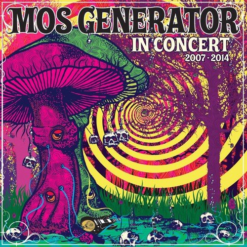 "Album cover with psychedelic illustration of mushrooms, skulls, and spiral pattern in bright colors."