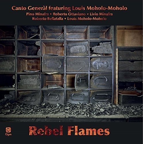 "Album cover with destroyed wooden cabinet and debris, 'Rebel Flames' in red-orange text."