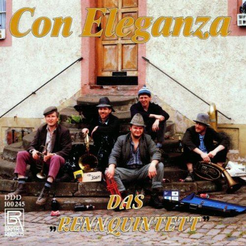 "CD cover with five men sitting on steps, holding instruments, with 'Con Eleganza' text."