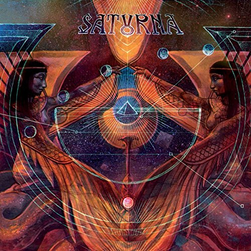 The image depicts a CD cover with a mermaid-like figure surrounded by geometric shapes. Alt text: Mermaid-like figure surrounded by geometric shapes and the word "Saturna" on a cosmic background.