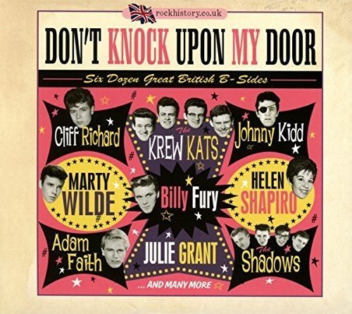 "Album cover with red background, featuring various British artists' names and portraits."