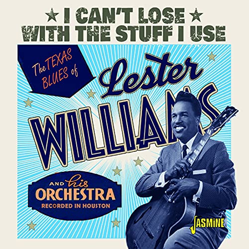 "Album cover featuring Lester Williams playing guitar, with blue and white striped background."