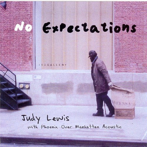 "Album cover with man walking and carrying bag, titled 'No Expectations' by Judy Lewis."