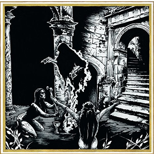 "Black and white illustration of two women summoning a dark figure, surrounded by flames."
