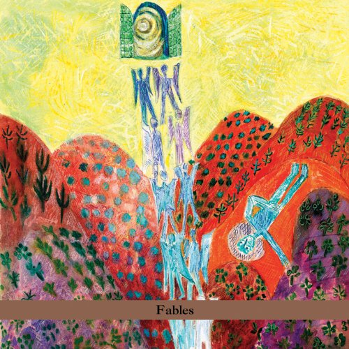 The image depicts a vibrant, abstract album cover with the title "Fables" at the bottom. Here is a concise, descriptive alt text: "Colorful abstract album cover with blue figures and red hills, titled 'Fables'."