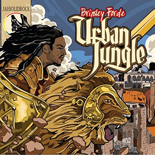 "Album cover art featuring a man with dreadlocks riding a lion, cityscape below."