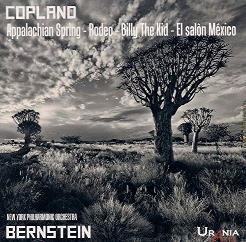 The image depicts a black and white landscape with the title "COPLAND" and "BERNSTEIN" in white text. The alt text is: "Black and white album cover featuring a landscape with trees."