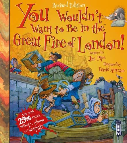 "Book cover illustration of people escaping a fire in a boat, with red title text."