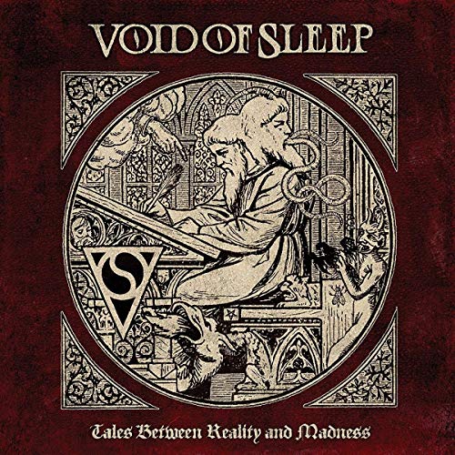 "Album cover with intricate illustration of man and creatures on dark red background."