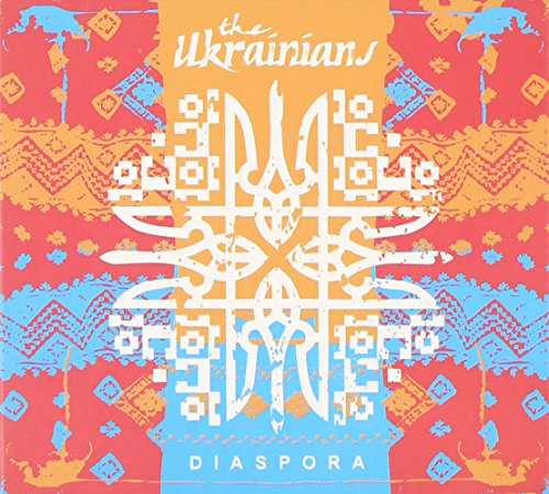The image is a CD cover for "The Ukrainians - Diaspora". Alt text: Colorful CD cover with Ukrainian emblem and traditional patterns.
