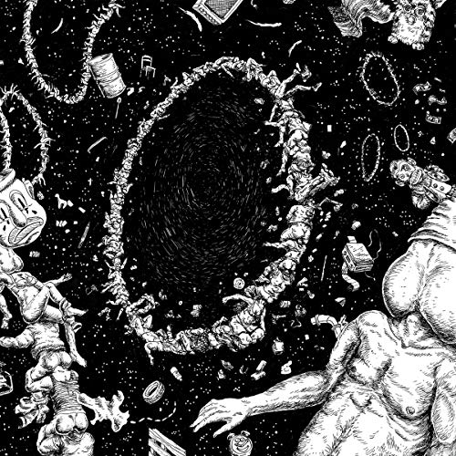 Black and white illustration of a woman falling into a swirling void surrounded by debris.