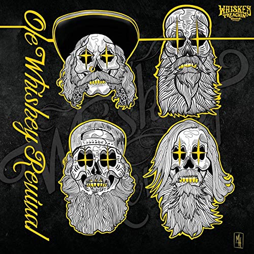 "Black album cover with four bearded skull illustrations and yellow accents, displaying 'Ole Whiskey Revival'."