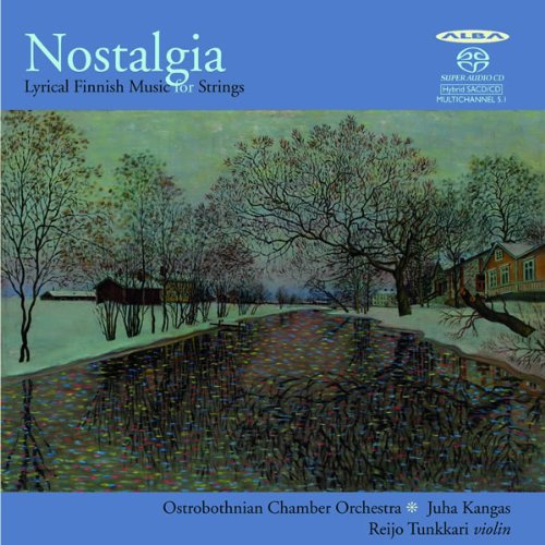 "CD cover with winter landscape painting and blue background, titled 'Nostalgia'."