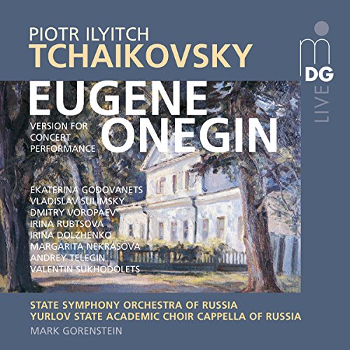 Tchaikovsky's "Eugene Onegin" CD cover featuring a large white estate between trees.