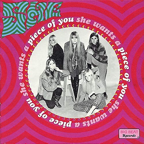 "Album cover with four women and pink, red swirling pattern and white text."
