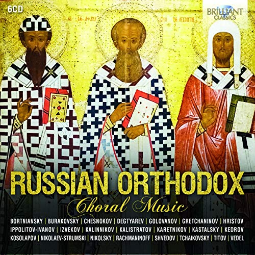 "CD cover featuring three Orthodox priests in robes, with title 'Russian Orthodox Choral Music'."